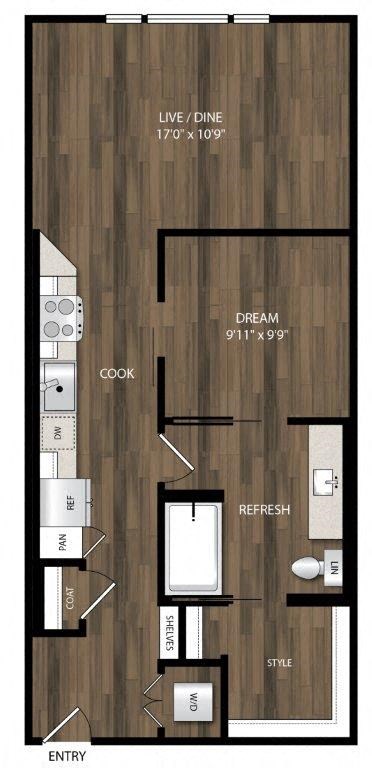 Floor plan for 1 bed, 1 bath, 694 sqft